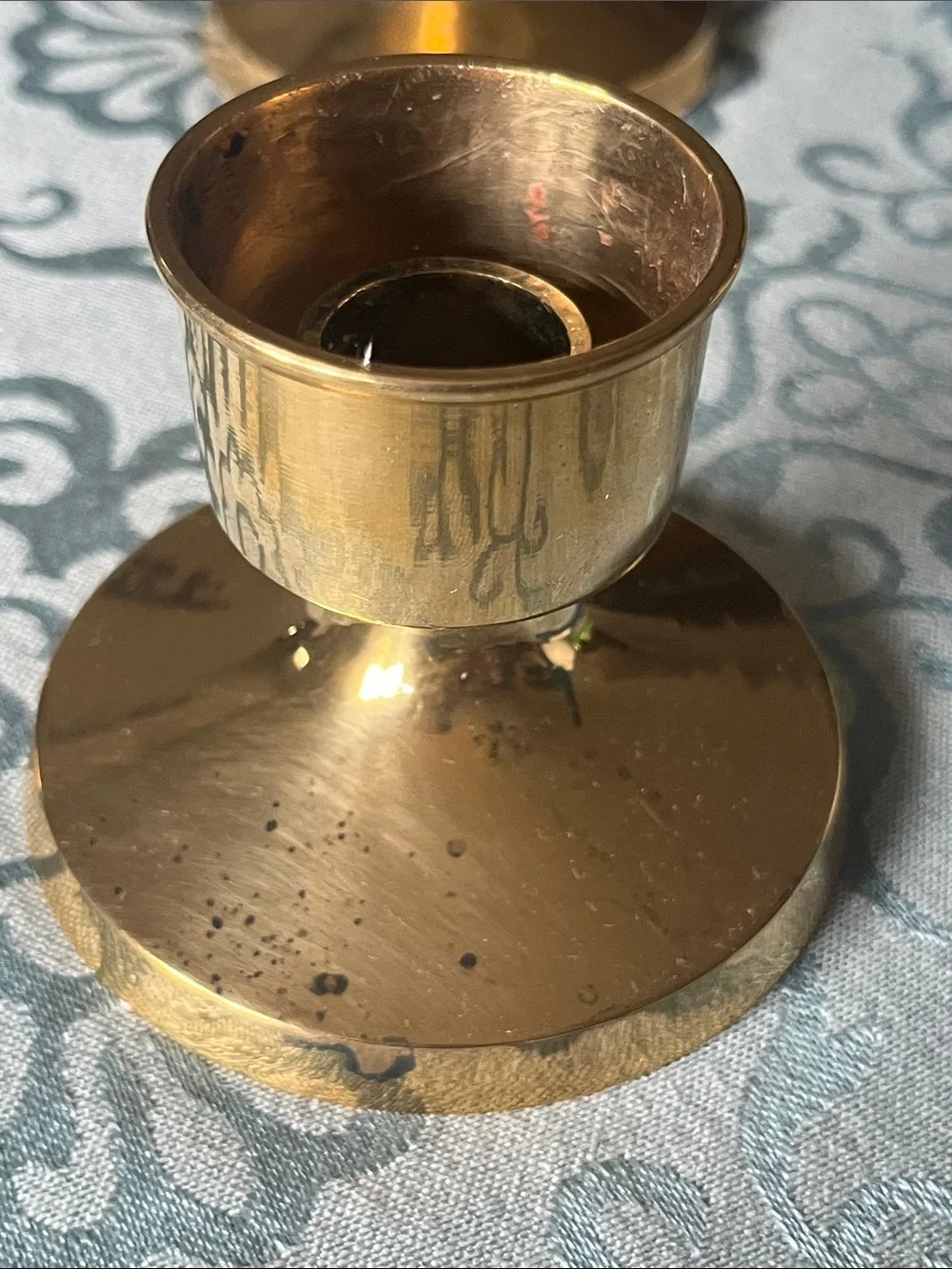 Solid Brass Candle Holders with Blue Taper Candles -Set of 2